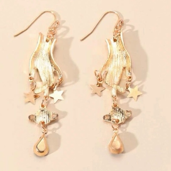 Gold Hand and Star Dangle Earrings - Picture 5 of 6